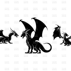 May include: Three black dragon silhouettes with detailed scales, wings, and tails are displayed against a white background. The dragons vary in pose, with one standing, one with wings spread, and another in a dynamic pose.