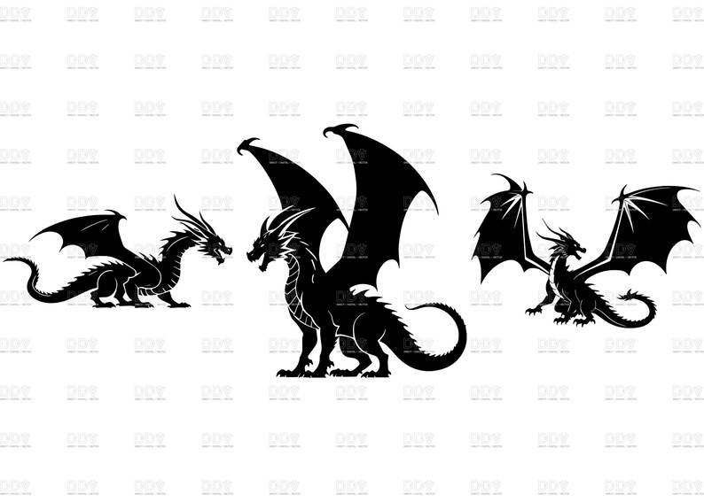 May include: Three black dragon silhouettes with detailed scales, wings, and tails are displayed against a white background. The dragons vary in pose, with one standing, one with wings spread, and another in a dynamic pose.