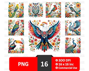 Folk Art Bird Clipart: Scandinavian PNG Bundle (Commercial Use)