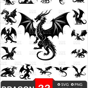 May include: A collection of 16 black dragon illustrations in various poses, with outstretched wings and detailed scales. The word "DRAGON" is displayed in large white letters, with the number "33" in a red box. File type icons are also present.