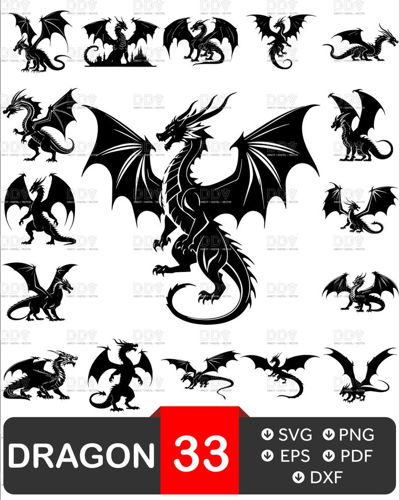 May include: A collection of 16 black dragon illustrations in various poses, with outstretched wings and detailed scales. The word "DRAGON" is displayed in large white letters, with the number "33" in a red box. File type icons are also present.