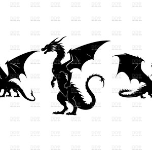 May include: Three black dragon silhouettes with detailed wings and serpentine tails are displayed against a white background. The dragons vary in pose, with one standing upright, and the others in flight or walking.