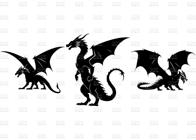 May include: Three black dragon silhouettes with detailed wings and serpentine tails are displayed against a white background. The dragons vary in pose, with one standing upright, and the others in flight or walking.