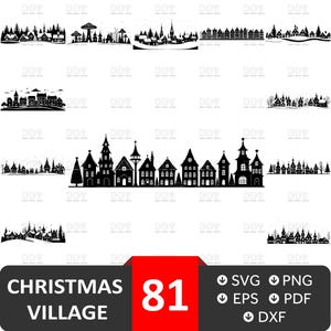 Könnte beinhalten: Ein Set mit 81 Schwarzweiß-Silhouettenbildern eines Weihnachtsdorfes. Die Bilder beinhalten Häuser, Bäume und andere Weihnachtsdekorationen. Die Bilder eignen sich perfekt zum Erstellen von Karten, Einladungen oder anderen Weihnachtsbastelarbeiten.