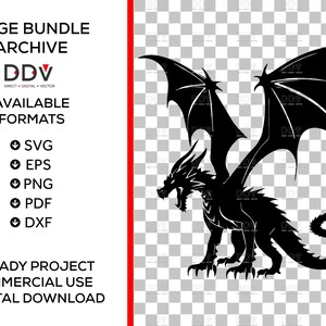 May include: A black silhouette of a dragon with large wings, sharp claws, and an open mouth. The image includes text: "HUGE BUNDLE ARCHIVE", "AVAILABLE FORMATS", and "READY PROJECT COMMERCIAL USE DIGITAL DOWNLOAD".