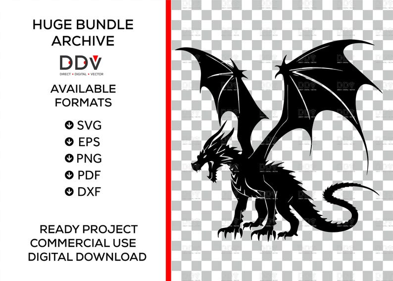 May include: A black silhouette of a dragon with large wings, sharp claws, and an open mouth. The image includes text: "HUGE BUNDLE ARCHIVE", "AVAILABLE FORMATS", and "READY PROJECT COMMERCIAL USE DIGITAL DOWNLOAD".