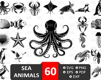 May include: A set of 60 black and white vector illustrations of sea animals, including an octopus, crab, lobster, sea turtle, seahorse, starfish, and more. The illustrations are perfect for use in digital projects, crafts, and more.