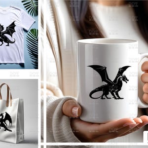 May include: White t-shirt, tote bag, and coffee mug featuring a black dragon design. The dragon has large wings and a detailed body. The tote bag has brown handles. Sunglasses and a phone are also visible.