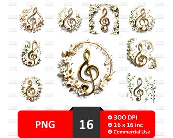 Gold Music Note Flower PNG Clipart: Commercial Use (Digital Download)