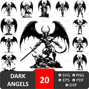 May include: A set of 20 black and white vector illustrations of dark angels with wings. The angels are depicted in various poses, some holding swords, some with their wings spread wide, and some with their heads bowed. The illustrations are ideal for use in digital projects, such as website design, social media graphics, and print materials.