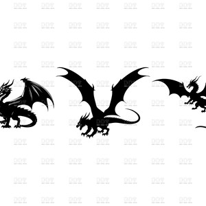 May include: Three black dragon silhouettes with detailed wings and bodies. One dragon stands with wings spread, another in mid-flight, and the third with a curved tail. The dragons are a fantasy theme.