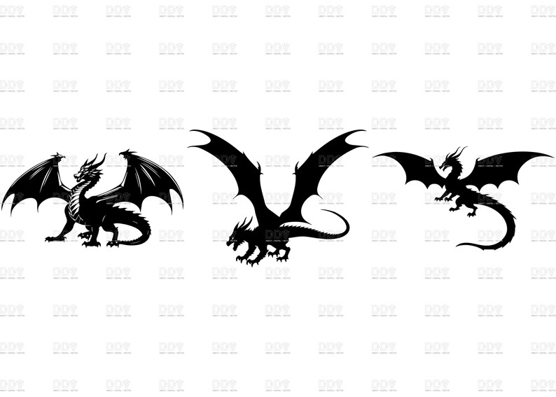 May include: Three black dragon silhouettes with detailed wings and bodies. One dragon stands with wings spread, another in mid-flight, and the third with a curved tail. The dragons are a fantasy theme.