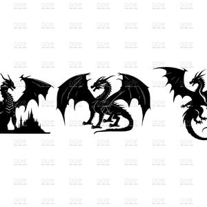 May include: Three black dragon silhouettes with detailed wings and bodies. One dragon is perched atop a castle, another stands with wings spread, and the third is in a dynamic pose with a curled tail.