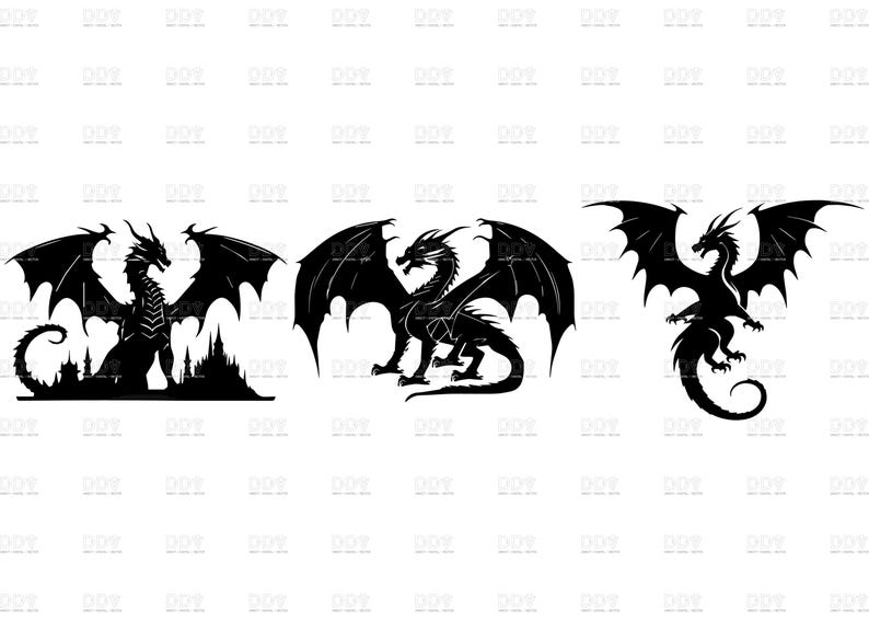 May include: Three black dragon silhouettes with detailed wings and bodies. One dragon is perched atop a castle, another stands with wings spread, and the third is in a dynamic pose with a curled tail.