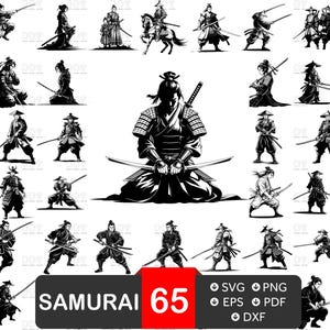 Könnte beinhalten: Eine Sammlung von 65 schwarz-weißen digitalen Illustrationen, die Samurai-Krieger in verschiedenen Posen zeigen, darunter stehend, kniend und zu Pferd, alle mit traditionellen Schwertern und Rüstungen ausgestattet, mit dem Text SAMURAI 65.