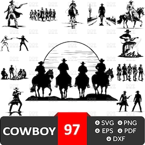 Cowboy Svg, fichier vectoriel, svg scène de cowboy, Cowboy Svg pour homme, Cowgirl Svg, Cowboy Svg Bundle, Silhouette de cowboy, téléchargement numérique