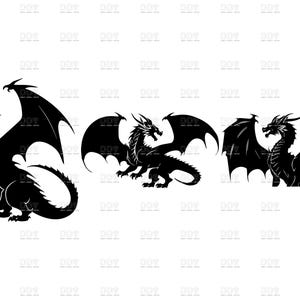 May include: Three black dragon silhouettes in various poses. The dragons have detailed wings, horns, and tails, set against a white background. The image showcases a fantasy theme.