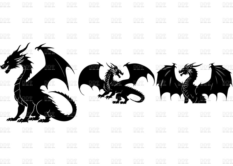 May include: Three black dragon silhouettes in various poses. The dragons have detailed wings, horns, and tails, set against a white background. The image showcases a fantasy theme.
