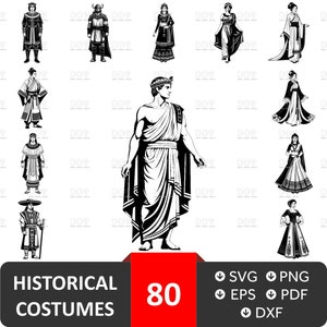 Może przedstawiać: Zbiór 80 czarno-białych ilustracji historycznych kostiumów. Ilustracje przedstawiają osoby ubrane w stroje z różnych okresów historycznych i kultur. Ilustracje są ułożone w siatkę na białym tle. Tekst "HISTORICAL COSTUMES" i "80" jest wyświetlany na dole obrazu. Tekst "SVG, PNG, EPS, PDF, DXF" jest wyświetlany w prawym dolnym rogu obrazu.