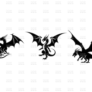 May include: Three black dragon silhouettes with detailed wings and bodies. The dragons are in various poses: one seated, one standing, and one in flight. The image is a vector graphic.