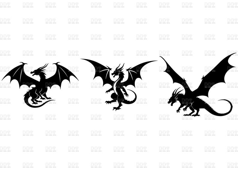 May include: Three black dragon silhouettes with detailed wings and bodies. The dragons are in various poses: one seated, one standing, and one in flight. The image is a vector graphic.