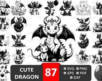 May include: A set of 87 black and white vector illustrations of cute dragons in various poses. The illustrations include dragons with wings, dragons without wings, dragons with babies, dragons with eggs, and dragons with flowers. The illustrations are perfect for use in digital scrapbooking, card making, and other craft projects.