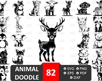82 Animal Doodle SVG Clipart Bundle, Safari Animals (Digital Download)