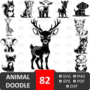 Animal Doodle Svg Bungle, arquivo vetorial, clipart de animais, arquivos Svg de animais fofos para Cricut, animais Svg, Safari Animal svg, download digital