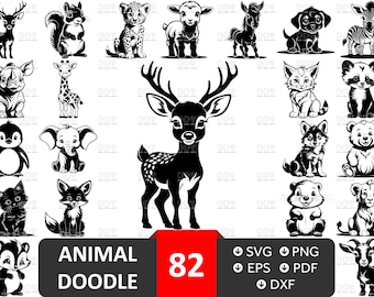 Animal Doodle Svg Bungle, Vector File, Animal Clipart, Cute Animal Svg Files for Cricut, Animals Svg, Safari Animal svg, Digital Download