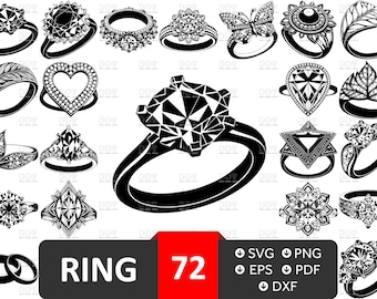 May include: A set of 72 black and white vector illustrations of different ring designs. The rings feature various styles, including simple bands, ornate designs, and engagement rings. The illustrations are perfect for use in jewelry design, fashion illustration, or any other creative project.