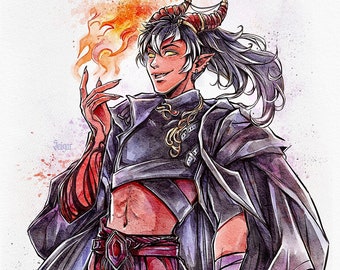 May include: A watercolor illustration of a person with horns and a long black ponytail. They are wearing a black and red outfit with a gold necklace and a red gem on their belt. They are holding a small flame in their hand.