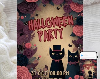 May include: Halloween party invitation with floral accents and two black cat illustrations. The invitation includes the text "Halloween Party", date, time, and address. The color palette includes shades of pink, purple, and black.