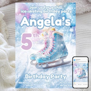 Convite de aniversário de patinação no gelo, tema divertido para festa infantil, modelo digital editável, celebração de inverno, convite para download instantâneo