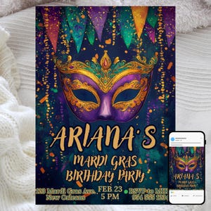 Faire-part d'anniversaire de Mardi Gras, thème des masques de mascarade, célébration festive et colorée, modèle numérique modifiable, téléchargement immédiat, inviter