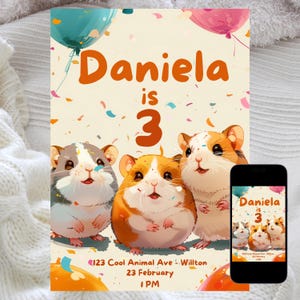 Editable Hamster Birthday Invitation, Cute Hamster Party Invite Template, Digital and Printable, Kids Birthday Invite, Instant Download