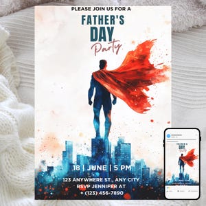 Convite para Festa de Dia dos Pais, Tema Pai Super-herói, Modelo Digital Editável, Horizonte de Cidade em Destaque, Design em Estilo de Quadrinhos