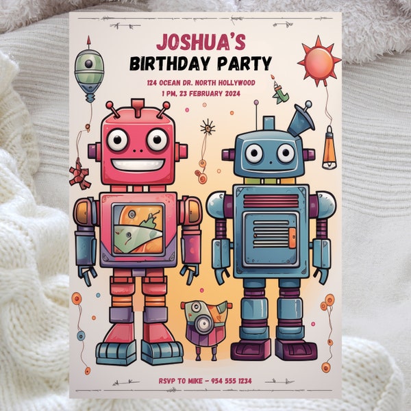 Editable Robot Birthday Invitation Template, Customisable Kids Party Digital Invite, Digital Invitation Template, Printable Instant Download