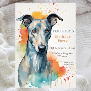 Greyhound verjaardag uitnodigingskaart, schattige hond verjaardagskaart, hond verjaardagsuitnodiging, Canine verjaardag Pawty, Instant Canva downloaden