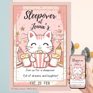 Editable Sleepover Party Invitation, Slumber Party Invite, Cute Cat Girl Pink Popcorn Sleepover Party, Digital Download, Canva Template