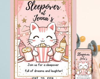 Bewerkbare Sleepover Party uitnodiging, Slumber Party uitnodigen, schattige kat meisje roze Popcorn Sleepover Party, digitale download, Canva sjabloon