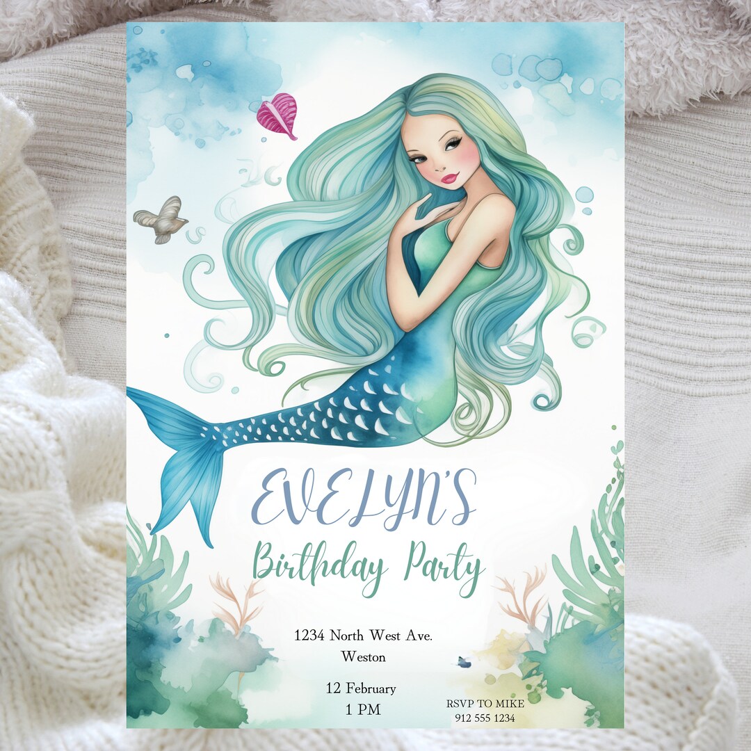 Editable Mermaid Birthday Invitation, Watercolor Mermaid Invite, Under ...