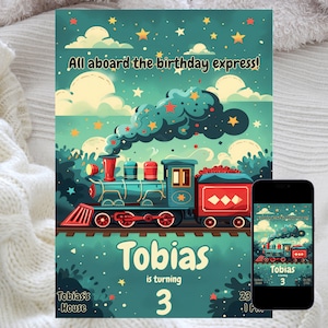 Vintage trein verjaardagsuitnodiging, dromerige stoommachine, trein thema feestkaart, jongen verjaardagsuitnodiging, digitale downloadsjabloon, Canva Edit