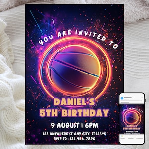 Basketball Birthday Invitation, Editable Sports Party Template, Neon Glow Design, Slam Dunk Theme, Digital Boys Invite, Digital Template