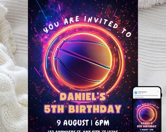 Neon Basketball Birthday Invitation: Slam Dunk Party (Digital Template)
