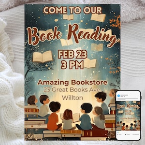Invito alla lettura in libreria, festa per bambini con favole e storie, modello digitale modificabile, celebrazione della lettura, invito con download immediato