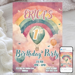 Convite de primeiro aniversário de menina, convite de arco-íris e balões de ar quente, modelo digital editável, doce celebração, download instantâneo