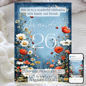 Wildflower Birthday Invitation, Red Poppies and Daisies Theme, Ladybug Garden Party, Editable Nature Celebration Template, Cute Design