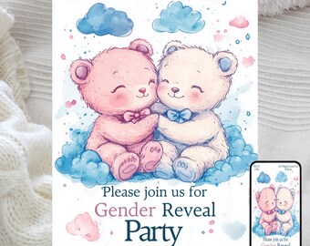 Gender Reveal-uitnodiging babyberen: pastelthema (digitale sjabloon)