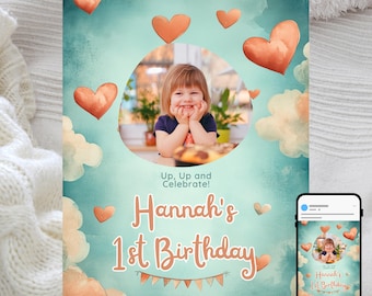Watercolor Hearts and Clouds First Birthday Invitation (Digital Design)