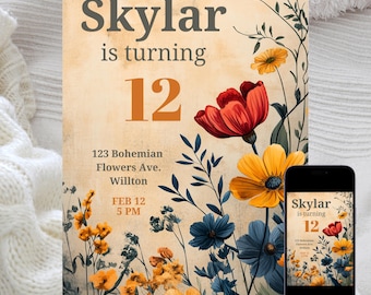 Boho Wildflower Birthday Invitation: Editable Floral Template (Digital Download)